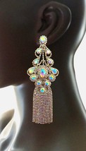 6&quot; Long Oversized Evening Earrings Aurora Borealis Crystal Rhinestones Bridal - £24.55 GBP