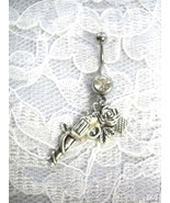 LADY SHOOTER REVOLVER GUN PISTOL w ROSE FLOWER CHARM CLR CZ BELLY BUTTON... - £4.71 GBP