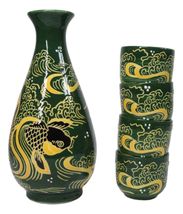 Green Golden Koi Fishes In Water Porcelain Sake Flask And 4 Ochoko Cups Set - $24.99