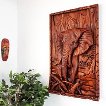 Rare Hand Carved Large African Safari Elephant Tusk Sculpture Wall Art Teakwood  - £3,162.71 GBP