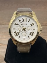 Fossil Watch Cecile 3 Dials Gold Bezel Gingerbread Brown Leather Band New Batery - $29.65