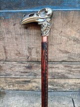 Brass Antique Raven Skull Handle With Double Side Leather Stitched Walking Stick - £44.67 GBP