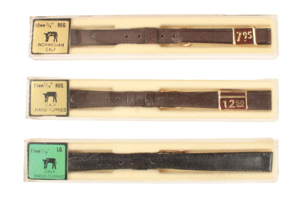 3 Vintage NOS Leather Watch Bands 11mm Brown Calf Leather Brass Hardware - $25.23