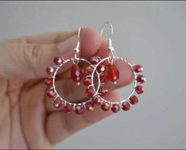 Ab red glass bead wire wrapped silver Hoop earring - £11.15 GBP