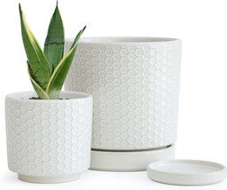 Set Of 2 Modern Matte White Honeycomb Embossed Ceramic Planter Pot With, Be - £34.36 GBP