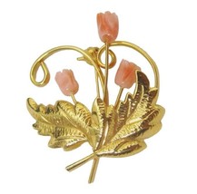 Pink Flower Gold Plated Leaf Brooch Carved Coral Rose Pin - £11.67 GBP