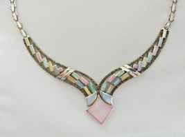 Vintage Mother Pearl Necklace Silver Sterling Pendant 925 Marcasite Abalone Shel - £186.45 GBP