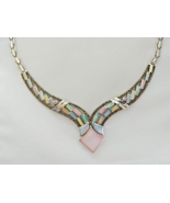 Vintage Mother Pearl Necklace Silver Sterling Pendant 925 Marcasite Abalone Shel - £186.07 GBP