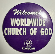 Vintage Pensacola FL Welcome! Worldwide Church of God Pinback Button 3&quot; E10 - $14.99