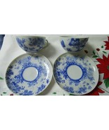 ANTIQUE JAPANESE BLUE EGGSHELL 2 TEA CUPS blue flowers - £58.66 GBP