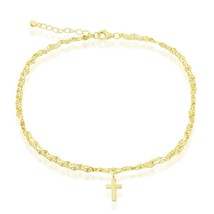 Double Strand Mirror Chain w/ Cross Charm Anklet - Gold Plated - £34.35 GBP