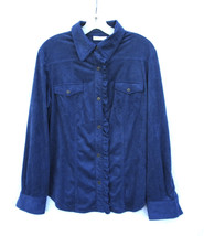 Susan Graver Sapphire Blue Moleskin Ruffle Blouse Shirt Top Pockets Wome... - $18.99