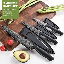 3 Pcs Kitchen Knife Set with Cover, Stainless Steel Damascus Pattern Chef Knives - £13.36 GBP