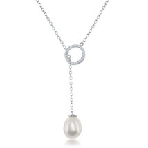 CZ Circle with Teardrop Freshwater Pearl Adjustable Bolo Necklace - £39.67 GBP