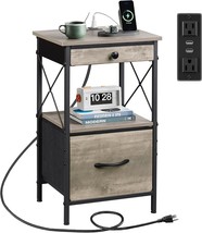 Wlive Bedside Table With Charging Station, End Tables Living Room,, Greige - £40.11 GBP