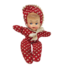 9" VINTAGE PLASTIC FACE RAG DOLL GIRL RED POLKA DOT STUFFED ANIMAL PLUSH... - $28.50