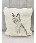 Vintage Blue Eyed Cat Embroidered Tapestry Throw Pillow Beige W Yellow Back - $29.88 CAD