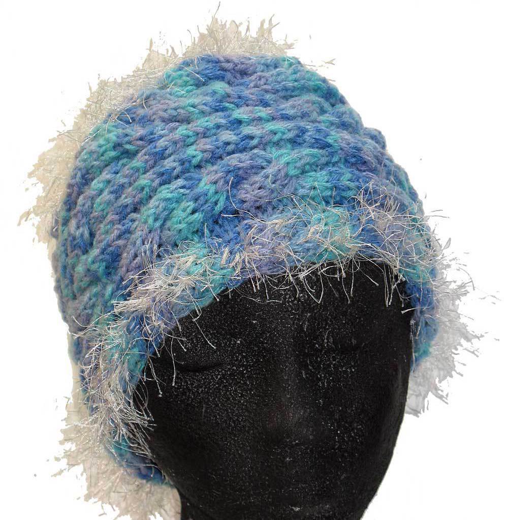 Primary image for Lavender/Turquoise hand knit hat with eyelash fringe