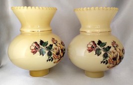 Lot (2) Rose Floral Custard Color Glass Replacement Light Shades w/ Gold Bands - £26.89 GBP