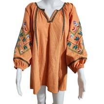 NEW Calessa 2X Embroidered Jewel Notch Neck Wrist Length Sleeve Tunic Orange - $39.95