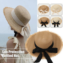 Women Summer Wide Brim Floppy Straw Hat Bow Sun Hat Fashion Vacation Beach Cap - £10.65 GBP