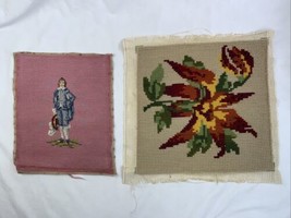 Two Vintage Needle Point Used Tapestries Needlecraft Floral Man Standing... - £23.65 GBP
