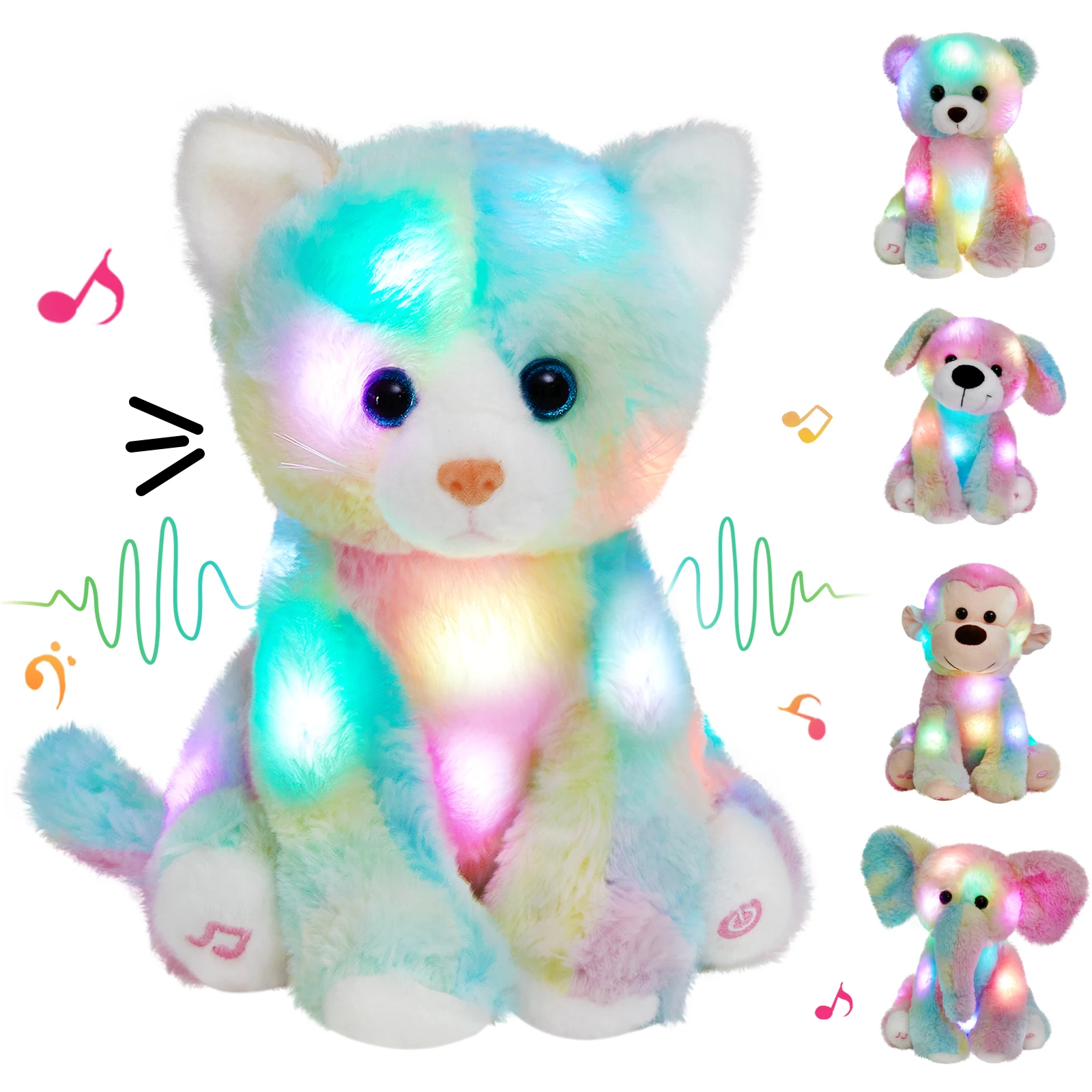Recordable Cat Colorful Doll Gift Plush Toys with LED Light Soft Kitty Kids Toy - £15.67 GBP