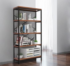 Industrial 5-Tier Bookcase With Ladder Shelf, 58&quot; High, Storage, Vintage Brown. - £122.54 GBP