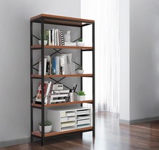 Industrial 5-Tier Bookcase With Ladder Shelf, 58&quot; High, Storage, Vintage... - £122.38 GBP