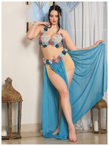 Belly Dance Costume Floral Design Bra With Pearls &amp;Long Floral Skirt 2 Piece Set - £44.48 GBP