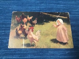 Vintage 1909 Postcard One Cent Little Girl Child Rooster Chicken 688A - $6.00