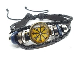 Bracelet en cuir Vegvisir Rune Compass Cuff Icelandic Fire Stave Way Finder Cuff - £3.82 GBP