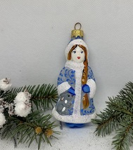 Snow Maiden white and blue glass Christmas handmade ornament, XMAS decoration - £11.94 GBP