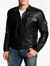 New Men&#39;s Genuine Lambskin Leather Jacket Black Slim Fit Motorcycle Jacket MJ043 - £93.70 GBP
