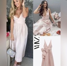 Nwt Zara Voluminous Midi Dress With Bow Belt Pink Size S - £72.80 GBP