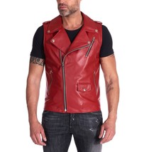 Vest Leather Coat Waistcoat Waist Motorcycle Jacket Biker Men&#39;s Vintage Red 3 - £78.50 GBP+