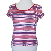 Vintage Y2K Ribbed Red Blue White Striped Shortsleeve Fitted Shirt Large... - $26.99