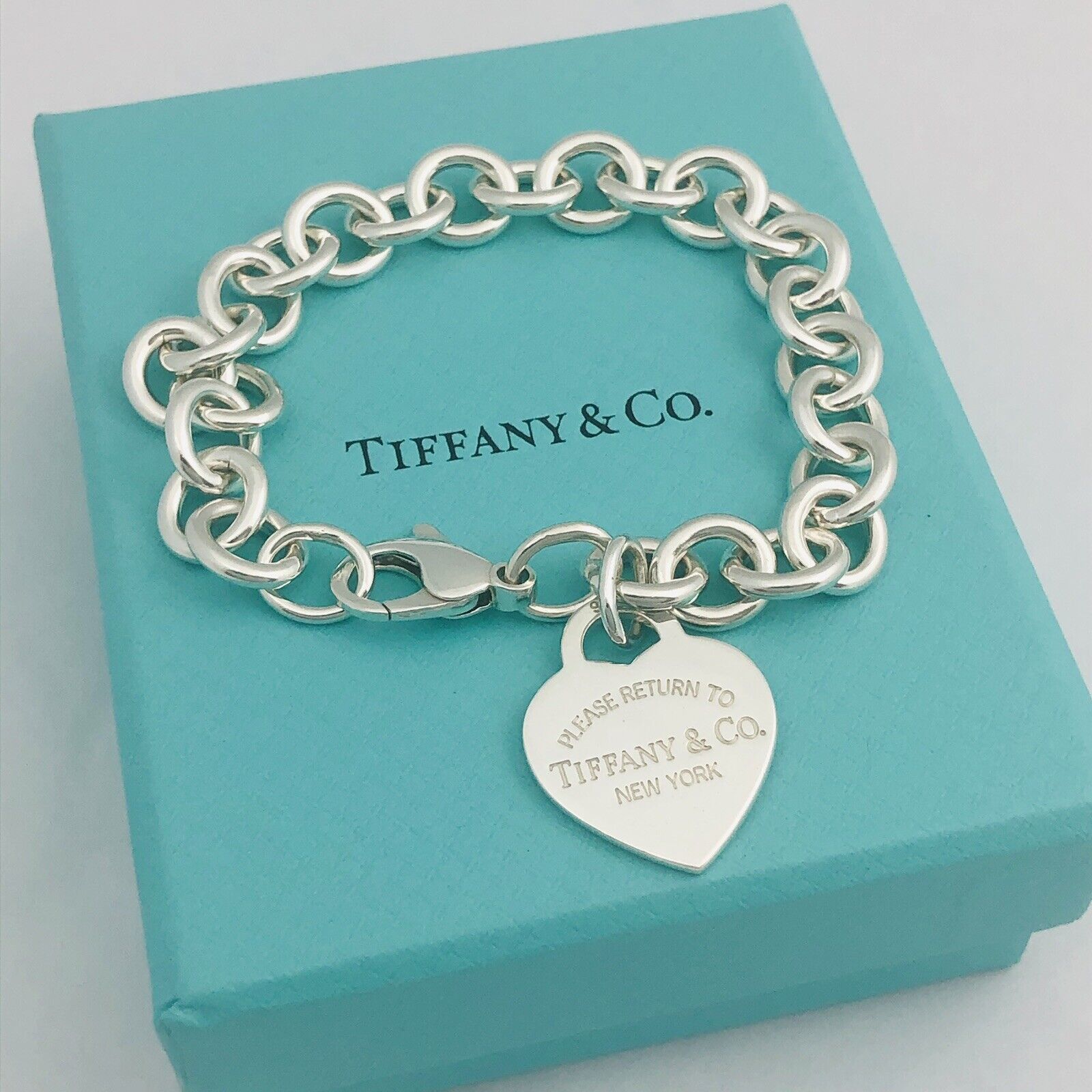 Large 8.5” Return to Tiffany & Co Silver Heart Tag Charm Bracelet with Blue Box - $399.00