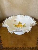 Fenton Silver Crest Ruffled Edge Yellow Rose Compote Milk Glass Pedestal Bowl - £38.93 GBP