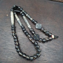 Asian Burmese Old Pumtek petrified Wood  beads Long necklace rare pattern - £62.18 GBP