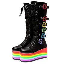 Female Motorcycle Boots Canvas Platform Wedges With Buckle Hot Sale Mid-Calf Coo - £76.71 GBP