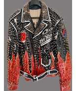 MEN RED BLACK FLAME STUDDED MOTORCYCLE LEATHER JACKET ,GOTHIC STEAMPUNK ... - $249.00