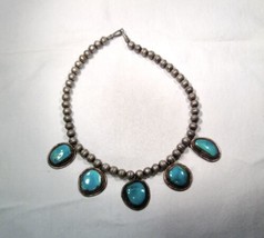 Vintage Sterling Silver Old Pawn Navajo Turquoise Choker BenchBead Necklace K214 - £397.85 GBP