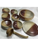 Handmade Pottery Glazed Serving Bowl with Lid. &amp; Ladle + 6 Bowls - Earth... - $54.20