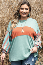 Green Plus Size Striped Long Sleeve Colorblock Tee with Slits - $39.99
