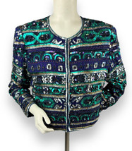 Laurence Kazar Hand Made Silk Purple Teal Silver Sequined Evening Jacket... - $57.92