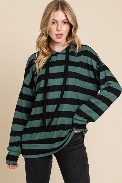 BOMBOM Drawstring Striped Dropped Shoulder Hoodie - $40.65