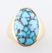 14K Yellow Gold Cracked Turquoise Oval Cabochon Ring Size 5 1/2 Beautiful - £770.15 GBP