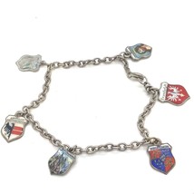 Vtg Sterling 835 Dangle Enamel Travel Shield Charms Chain Link Bracelet 6 1/2 - £50.61 GBP