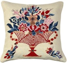 Throw Pillow Needlepoint Vase Bird Star 18x18 Red Blue Cotton Velvet Wool - £232.13 GBP